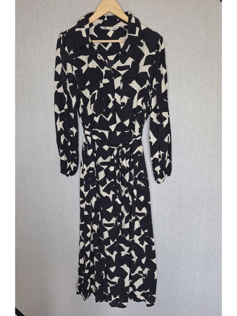 💙 Zara Black White Abstract Print Shirt Maxi Dress Size 2X Belted Comfy Relaxed